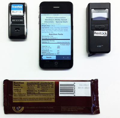 Images of the Scanfob 2002 and KDC300 bluetooth-connected laser scanners and iPhone. A chocolate bar is shown for scale