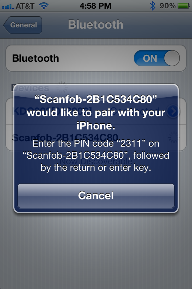 image of sample pairing message.  It reads 'Scanfob-2B1C534C80 would like to pair with your iPhone.  Enter the PIN code 2311 on Scanfob-2B1C534C80 followed by the return or enter key