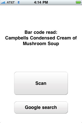This screen is shown when a UPC is scanned.  There are two buttons; one for 'scan' and one that goes to Google.