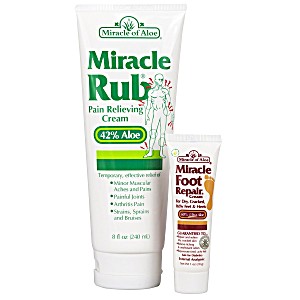 image of Miracle Rub Pain Relieving Cream 8 Ounce Tube With 42% Ultraaloe Plus Miracle Foot Repair 1 Ounce With 42% Ultraaloe