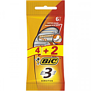 image of Bic Sensitive Confezione Da 3 Rasoi Monouso 4+2 3 Lame - Striscia Lubrificata Con Aloe Vera