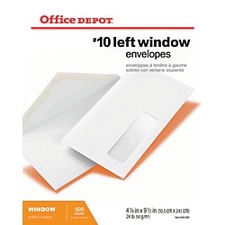 image of Office Depot Brand Window Envelopes, Window On Bottom Left, #10, 4 1 / 8 X 9 1 / 2, White, Box of 500