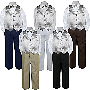 image of 4PC Silver Vest Bow Tie Suit Pants Set Baby Boy Toddler Kid Uniform S-7