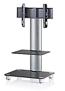 image of VCM Tv-stativ Bilano Silver Med Svarta Glashyllor Inkl. Hjul