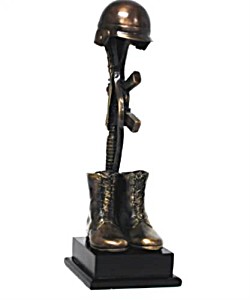 image of 13.5 Inch Fallen Soldier With Helmet, Gun and Boots - Bronze Colored