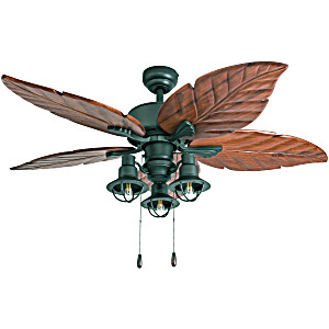 image of Prominence Home 50674-35 New Zealand Tropical 52-inch Aged Bronze Indoor Ceiling Fan, Lantern Led Multi-arm Dark Cherry Hand Carved Wood Blades
