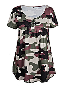 image of Gvmfive Women Camo Print Round Neck Button Pleated Blouse Short Sleeve Tunic Top