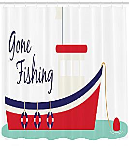 image of Gone Fishing Shower Curtain, Cartoonish Fishing Boat On Water Simplistic Doodle, Fabric Bathroom Set With Hooks, 69