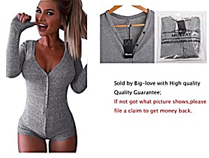 image of Moxeay V-neck One Piece Bodysuit Long Sleeve Bodycon Rompers Large Gray