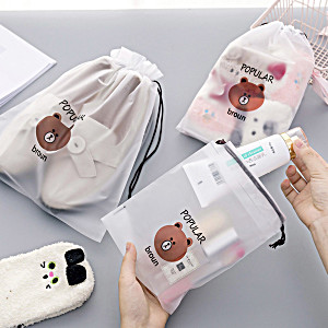 image of Portable Cartoon Brown Bear Printing Drawstring Bag For Travel Jewelry Earphone Cosmetic Storage 30X20CM