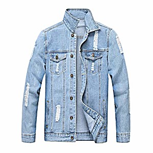 image of Lzler Jean Jacket For Men, Classic Ripped Slim Denim Jacket With Holes