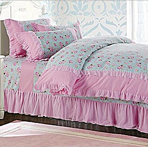 image of Brandrean Queen Size Pink Blue Rose Bedding Set Romantic Girls Duvet Covers Full Size Fairy Ruffle Bed Sheet Sets
