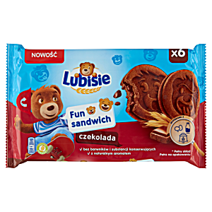 image of Lubisie Fun Sandwich Ciastka Biszkoptowe Przekładane Nadzieniem Kakaowym Czekolada 180 G (6 Sztuk)