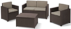 image of Allibert 220024 Lounge Set Monaco Mit Kissenbox-tisch 2X Sessel Und 1X Sofa, Rattanoptik, Kunststoff, Braun