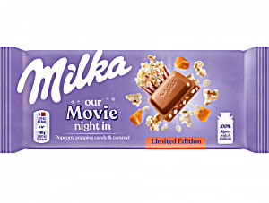 image of Milka Our Movie Ciocolata Cu Lapte Alpin Cu Popcorn Caramelizat Caramel Sarat Si Bomboane Efervescente 90G