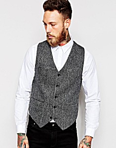 image of Asos Slim Waistcoat In Harris Tweed - Grey