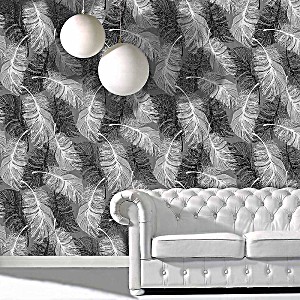 image of Feather Wallpaper Glitter Effect Textured Monochrome Grey Black White