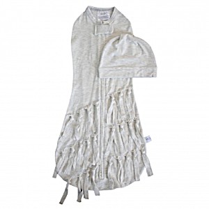 image of Woombie Bisque Fringed Swaddle + Hat Set, Cream