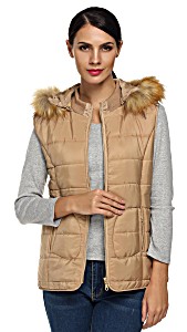 image of Shoppyfly Women Coat Sleeveless Detachable Hat Fur Collar Winter Zipper Closure Down Coat Vest Sppyy