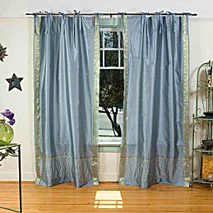 image of Gray Tie Top Sheer Sari Curtain / Drape / Panel - Piece