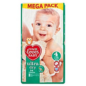 image of Tesco Loves Baby Ultra Dry 4 Maxi 7-18 KG Nappies 54 Pieces