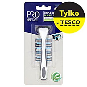 image of Tesco Pro Formula For Men Triple Blade Razors Handle + 5 Refills