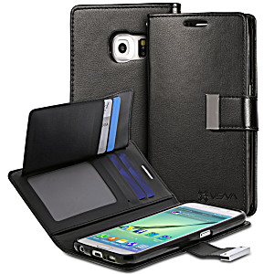 image of Samsung Galaxy S6 Wallet Case - Vena [vdiary][stand | Card Slots] Slim Tri-fold Flip Cover Leather Case - Black / Black