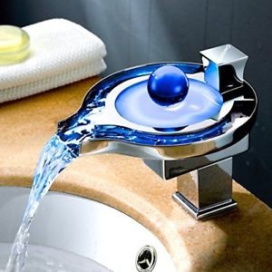 image of Derpras Bathroom Sink Faucet With Water Power Led Waterfall Faucet 3 Colors Changing Based On Water Temperature, Polish Chrome