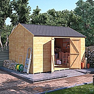 image of Billyoh 12X10 Tongue and Groove Wooden Workshop Garden Shed Double Door Windowless Reverse Apex Premium Roof Floor Felt FT12X10FT