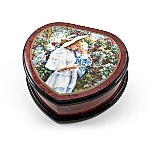 image of Adorable Heart Shape Painted Ercolano Music Jewelry Box Titled -mother and Child In Greenhouse By Sandra Kack - Jack and Jill