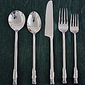 image of Haussmann Leaf 3 Coil Round Flatware 5 PC Setting X 4 Place Sets Hand Made Stainless Steel